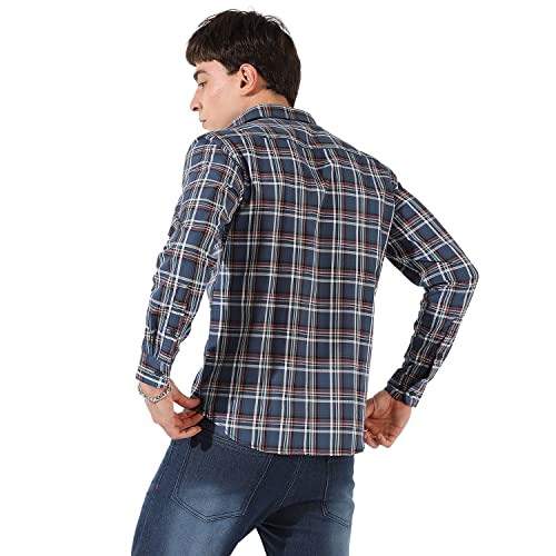 Image of Campus Sutra Men's Blue Checkered Button Up Spread Collar Shirt for Casual Wear | Regular Fit | Cotton Shirt Crafted with Long Sleeve, Comfort Fit & High-Performance for Everyday Wear
