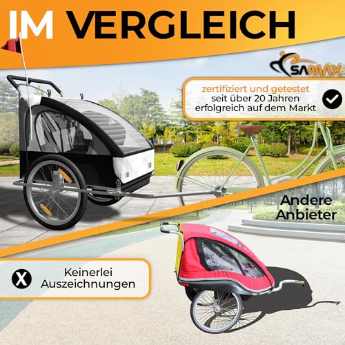 SAMAX Fahrradanhänger Jogger 2in1 Kinderanhänger Kinderfahrradanhänger Transportwagen vollgefederte Hinterachse für 2 Kinder in Weiß/Schwarz - Silver Frame