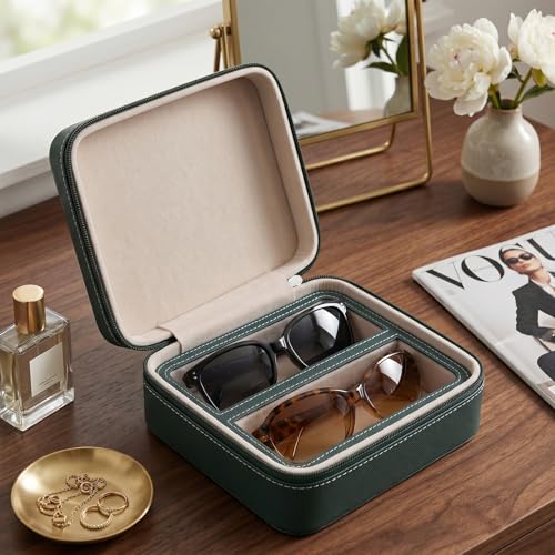 Image of ROSELLE Eyewear Travel Case for women men, Luxury leather 2 /3-Slot Eyeglasses Storage Box for Multiple Glasses and Sunglasses