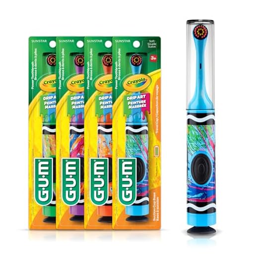 GUM - 10070942126127 Crayola Kids' Power Toothbrush with Travel Cap, Ages 3+, Assorted Colors (Pack of 4)