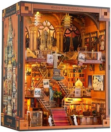 NookMaster Book Nook Kit mit LED | 3D Holzpuzzle Bücherregal Deko | 10 Weltwahrzeichen, LED-Beleuchtung, 236 Teile, präzise Passgenauigkeit, Buchstütze, Geschenk für Reisefans, USB