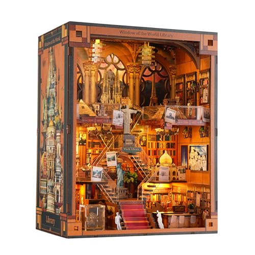 Book Nook Library kit - DIY Miniature House Kit for Adults & Teens Dollhouse Booknook Bookshelf Insert Decor with LED Light Unique Gift for Family FriendsWindow of The World