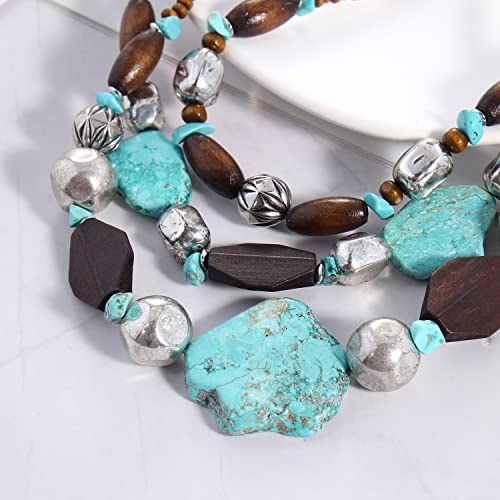 Bocar 3 Layer Turquoise Wood Beaded Statement Chunky Necklace Multi Strands Handmade Collar Jewelry for Women Gifts (NK-10124)3