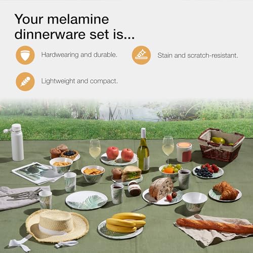 VonShef Melamine Dinnerware Set, 16Pc Leaf Print Dinner Set Including 4 Dinner Plates, Side Plates, Bowls & Tumblers for Picnics, Camping & BBQs, Easy Clean Dishwasher Safe Plastic Tableware - Image 4