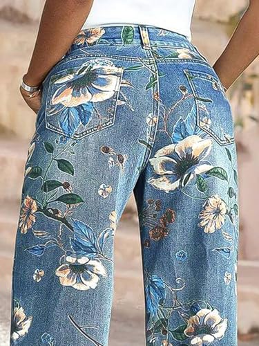 Flamingals High-Rise Vintage Floral Straight Leg Pants for Women Summer Casual Denim Pants4