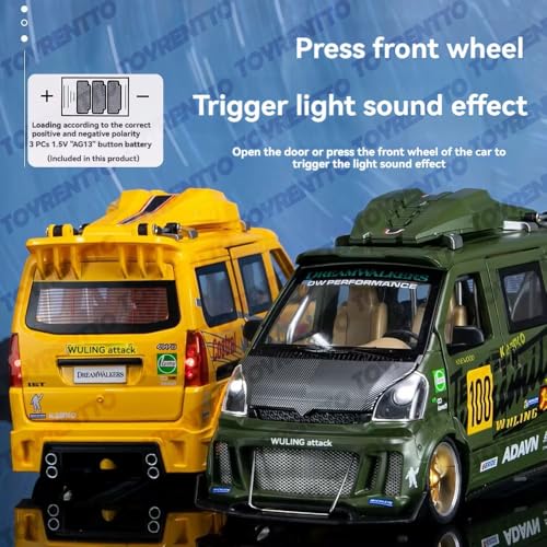 Image of 1:24 Wuling Hongguang Graffiti Racing Van Toy Die-Cast Model Bus with Light, Sound Door Open & Pull Back Action,Mini Van Toy for Kids & Collectors Yellow