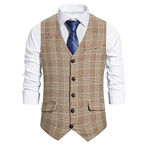 TEVEQ Men s Business Suits Vest Casual Vintage Single-breasted Adjustable Back-belt Wedding Dress Vest Waistcoat(B-Khaki,XXL)