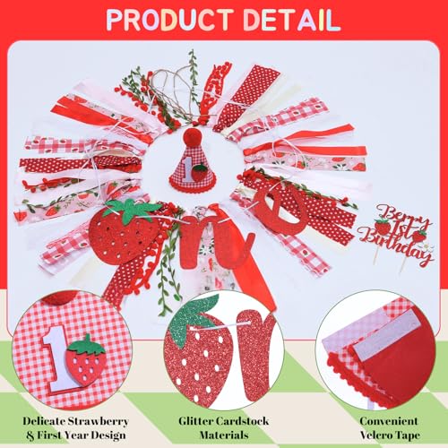Image of Strawberry Highchair Banner for Girls First Birthday Party Decorations | Berry 1st High Chair Fabric Banner for Sweet One Birthday Backdrop Decorations Strawberry Baby Shower Party Supplies