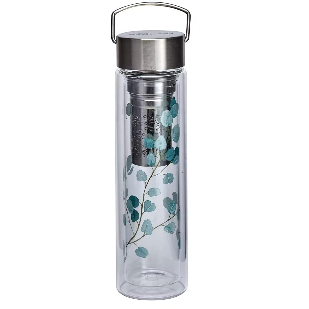 Eigenart Flowtea 50020 - Botella de eucalipto de doble pared de vidrio de borosilicato con tapa de acero inoxidable, funda de neopreno y colador, sin BPA, 400 ml