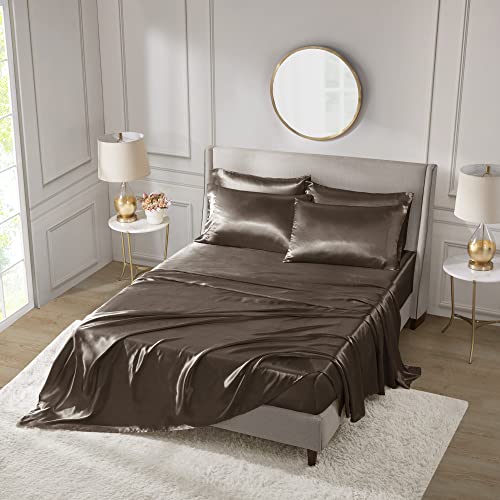 Image of Madison Park Essentials Satin Sheets Queen Size Bed Set, 6 Piece, Chocolate