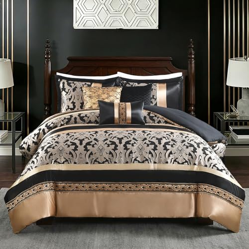 Image of CozyDH Black Gold Jacquard Comforter Set California King - 7 Piece Luxury Bed in a Bag Vintage Damask Patchwork, All Season Down Alternative Bedding with Bed Skirt, Shams, Decor Pillows, 104x96 in