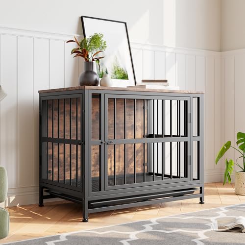 VECOCHO Muebles de jaula para perros, caja para el hogar perros grandes/medianos, mesa auxiliar, caseta interior, casa de perros de alta resistencia para el hogar, bandeja extraíble, 2 puertas,