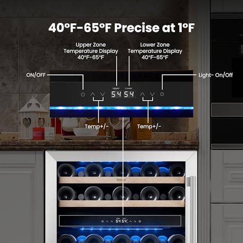 Image of Yeego 24 Inch Wine Fridge, 52 Bottle Dual Zone Wine Cooler with Left Hinged | Built-In or Freestanding, Under Counter Wine Refrigerator with Glass Door, 40-65F | For Home Bar, Kitchen