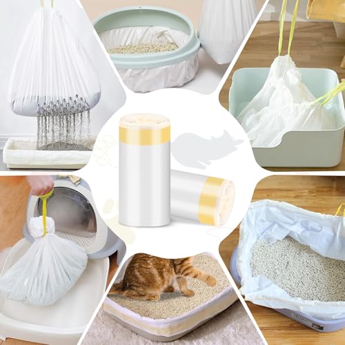 40PCS Katzenklo Beutel, 79 x 45cm Katzentoilettenbeutel mit Zugbändern, Katzentoiletten-Einlagen, 2 Rollen, Abfallbeutel, Starke Tragfähigkeit, Katzenklo Müllbeutel für Mittelgroße Hauskatzen