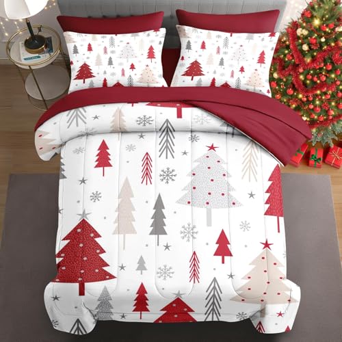 WeCozy 7 Pcs Queen Size Christmas Comforter Set with 2 Pillowcases & 2 Shams, Abstract Pine Tree Bedding for Kids and Adults, Merry Xmas Bed in a Bag with Flat Fitted Sheet