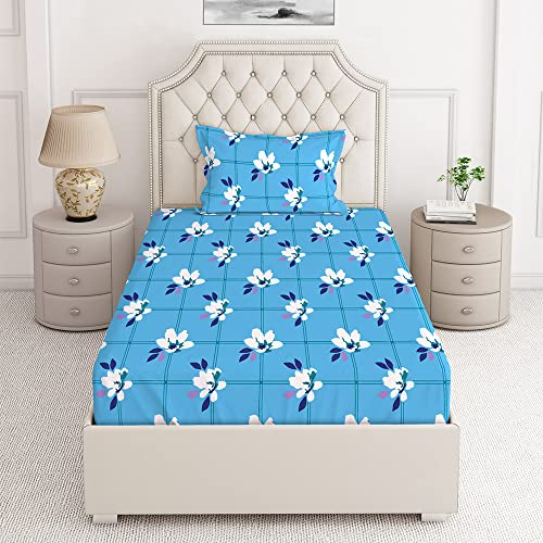 Image of Layers 100% Cotton Bedsheet for Single Bed with 1 Pillow Cover (Floral Pattern, Blue) Light Weight, Breathable, Moisture Absorbent, All Season Comfort, Classic Collection