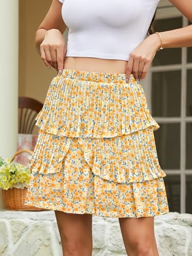MeTaMik Women's Flowy Pleated Boho Summer Mini Skirts High Waisted Tiered Floral Beach Short Skirt(Yellow Floral,XL) — view 5
