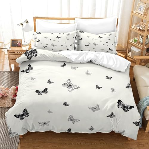 Parure de lit 140x200cm avec housse de couette papillon noir et blanc artistique