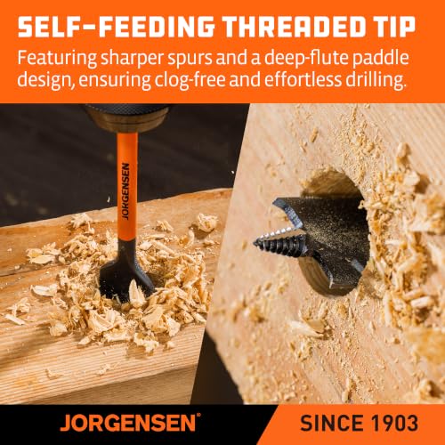 Image of Jorgensen 1 inch x 6 inch Spade Drill Bit, 1 /4 inch Hex Shank | High-Performance Carbon Steel Paddle Bit for Woodworking, Self-Feeding Threaded Tip