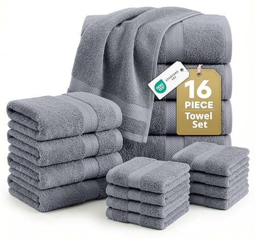 LANE LINEN 100% Cotton Towels Set for Bathroom - 16 Piece Family Pack - Soft, Absorbent & Quick Dry - 4 Bath, 8 Washcloths, 4 Hand Towels - OEKO TEX Certified, Machine Washable & Durable - Cool Grey
