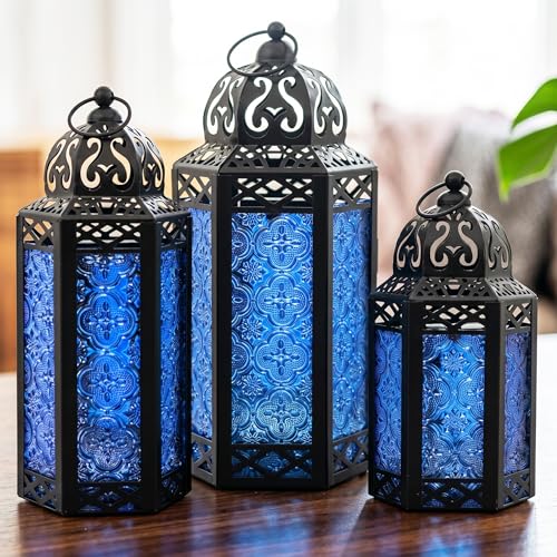 VELA LANTERNS Cobalt Blue Glass Moroccan Metal Candle Lantern Decorative Set in 3 Sizes (Large, Medum and Small) - Ramadan, Indoor Home Decor, Outdoor Patio or Porch, Weddings Table Centerpieces