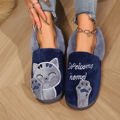 Ladies Cute Cat Animal Plush Slip On Full Slippers Winter Warm Bedroom Cozy Shoes Non-Slip House Slippers for Women Men Cartoon Home Soft Comfortable Fuzzy Slipper Indoor Outdoor Shoes2