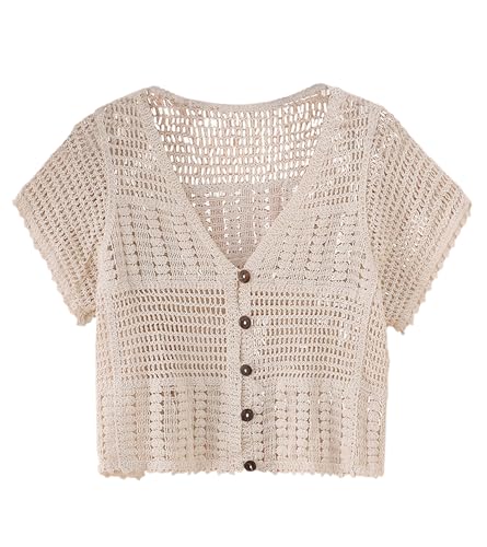 Joe Wenko Women's Hollow Out Knit Short Sleeve Cropped Cardigan Sweaters Button Front Bolero Short Shrugs