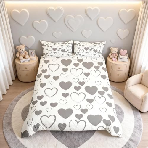 Parure de lit microfibre douce Loussiesd motif cœur blanc et gris