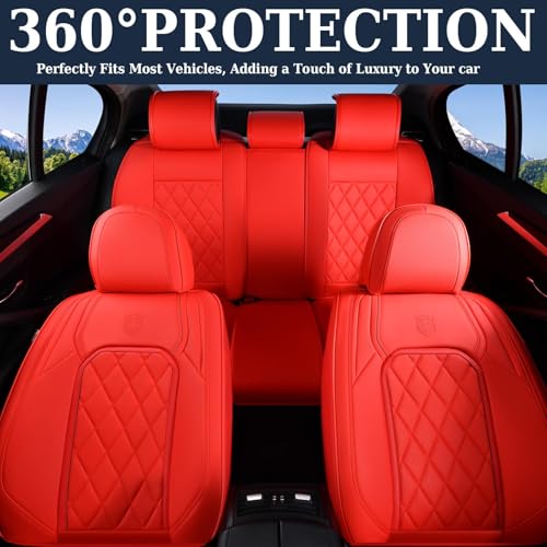 Image of Coverado Car Seat Covers Full Set, 5 Seat Universal Seat Cover for Cars, Luxury Faux Leather Waterproof Seat Cover, Front and Back Car Seat Protector, Auto Seat Covers Fit for Most Vehicles, Red