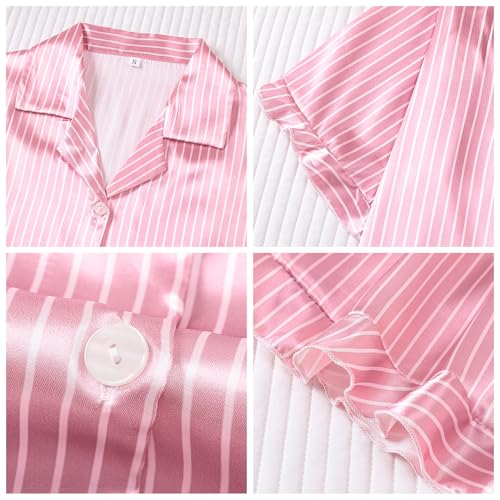 Image of Satin Pajamas Set For Women 2Pcs Ruffled Silk Pj Button Down Pajama Sleepwear Loungewear Summer Nightwear