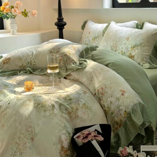 Image of VM VOUGEMARKET Romantic Ruffle Floral Duvet Cover Set Twin Sage Green