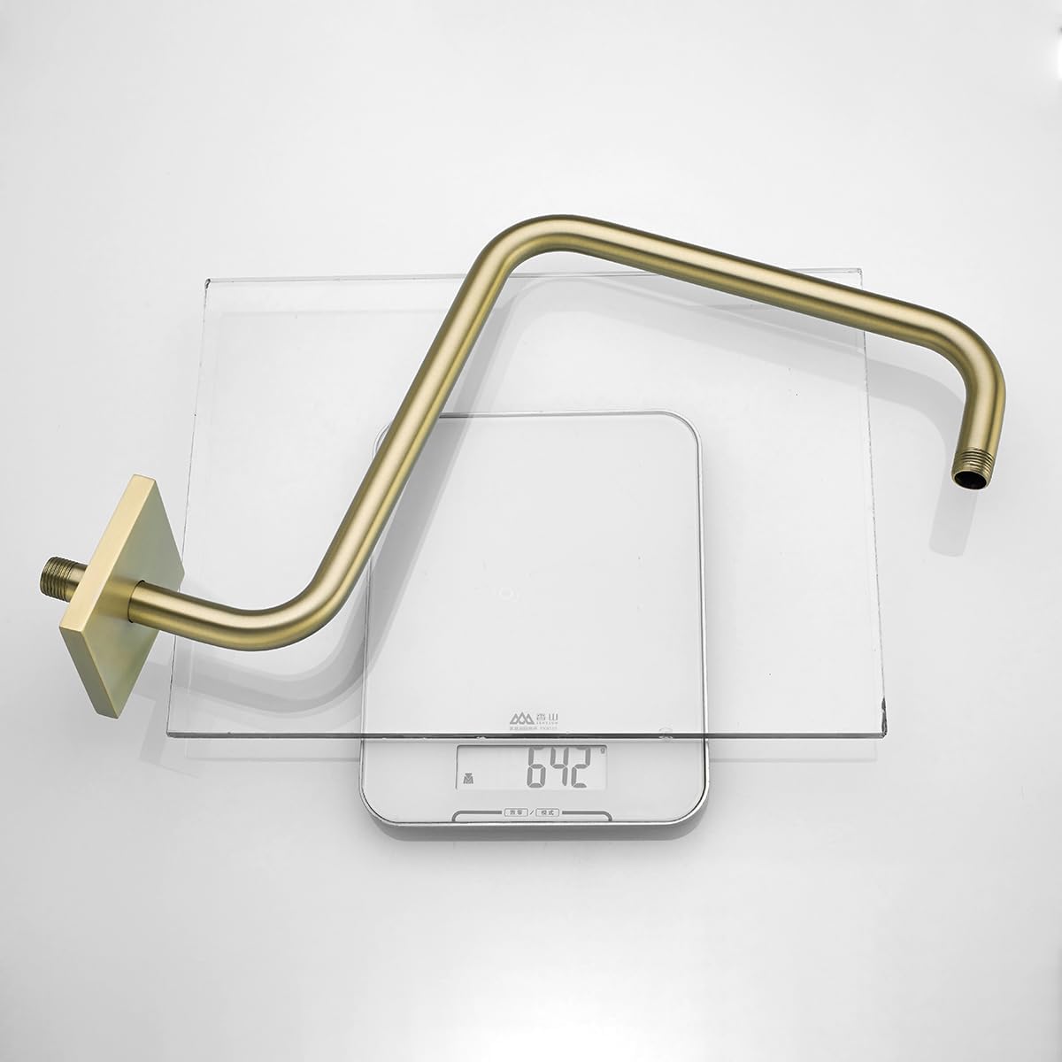 S Shape Shower Extension Arm with Flange, Stainless Steel High Rise Shower Head Extender Pipe 16 Inch Brushed Gold,SW-91058-16BG-SQ.