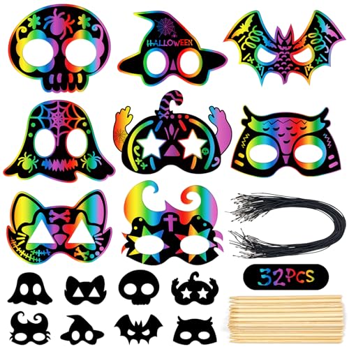 Leesgel Halloween Scratch Art para Niños, 32PCS Papeles para Rascar de Máscaras de Halloween, Manualidades Niños para Decoración de Halloween, Disfraces Halloween, Detalles y Regalos de Cumpleaños