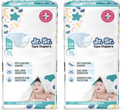 Image of Jr. Sr. Baby Tape Style Diaper | Adjustable Fit for Babies | Extra Large (XL) Size (12+ kg), 38 Count | Pack of 2 | Upto 12 hr Absorption with Advanced Leak Protection | Soft & Comfy