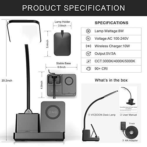 Vicsoon Desk Lamp With Wireless Charger Usb Charging Port, Eye-Caring Desk Lamp For Home Office With Pen Holder, Dimmable Table Lamps 3 Color Modes #TOP5