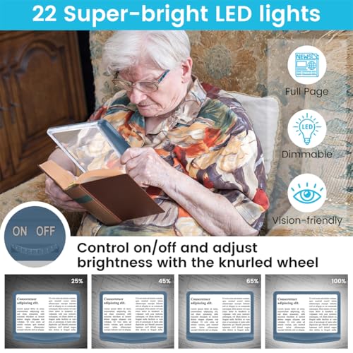Image of Rechargeable 5X Magnifying Glass for Reading, Large Bright Full Page Magnifier with Light, Handheld LED Dimmable Lighted, Lightweight Book Magnifier for Reading Small Prints Seniors - Blue