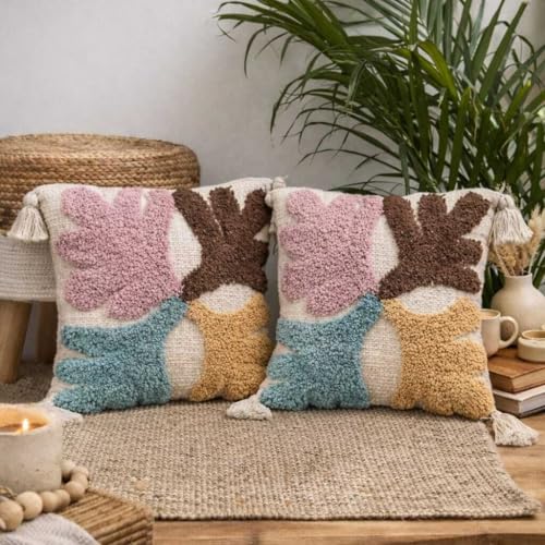 Image of Cushion Cover Pack of 5 (16x16 Inches) | Cotton Textured Decorative Throw Pillow Case for Sofa Bed Living Room Leaf Tufted Cushion Cover with Tassels (Multicolor)
