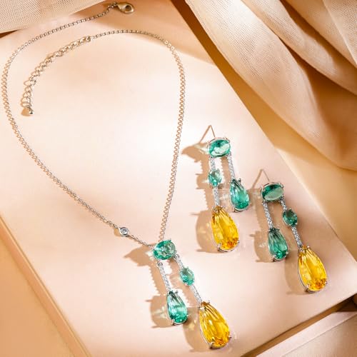 Image of Rubans Rhodium-Plated Emerald Green & Yellow Crystal Cubic Zirconia Studded Necklace Set