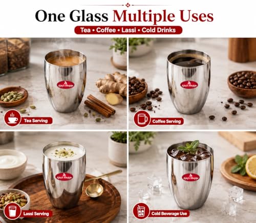 Image of Ajay's Shoppe Stainless Steel Drinking Glass Set of 6, 350 ml, 10 x 8 cm, Kullad Shape Steel Tumblers for Water, Juice & Lassi, Food Grade, Rust-Resistant