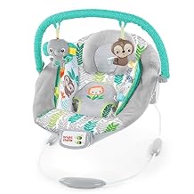 Bright Starts Comfy Baby Bouncer Soothing Vibrations Infant Seat - Taggies, Music, Removable Toy-Bar, 0-6 Months Up to 20 lbs Jungle Vines
