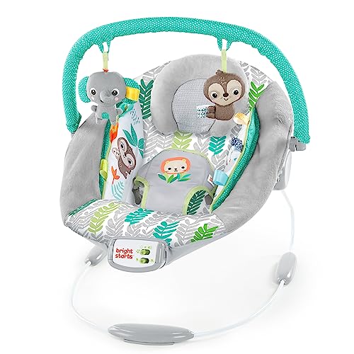 Bright Starts Comfy Baby Bouncer Soothing Vibrations Infant Seat – Taggies, Music, Removable Toy-Bar, 0-6 Months Up to 20 lbs (Jungle Vines)