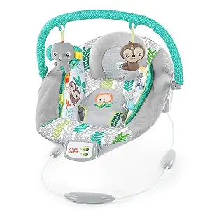 Bright Starts Comfy Baby Bouncer with Soothing Vibrations, Music, and Removable Toy Bar - Jungle Vines