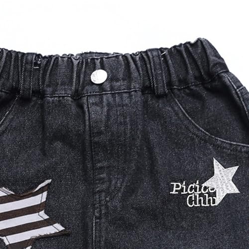 Boys Girls 𝗩intage Jeans Elastic Waist Star Applique Baggy Trousers Wide Leg Casual Denim Pants with Pocket3