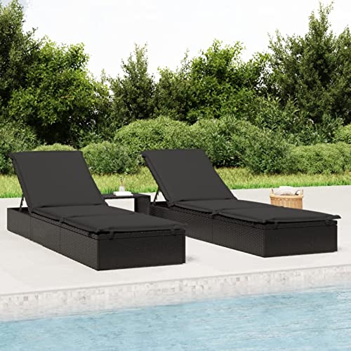 Homgoday Chaise Longue 1 pc avec Coussin Noir 201x55x62cm Résine Tressée, Bain de Soleil de Jardin Deux Cotés Réglable, Lit de Camping Transat de Relax...