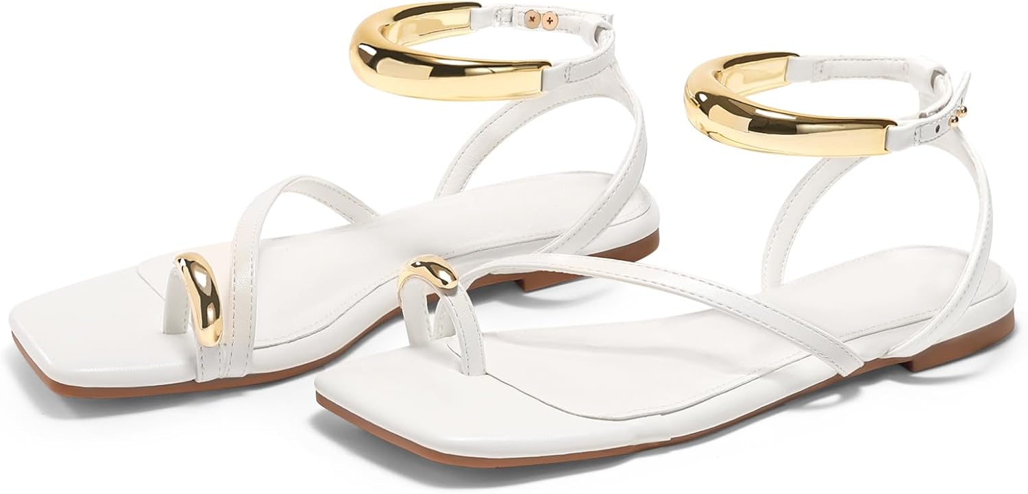 Coutgo Womens Strappy Flat Sandals Flip Flops Open Toe Ring Sandals Metal Ankle Strap Summer Beach Shoes - Image 6