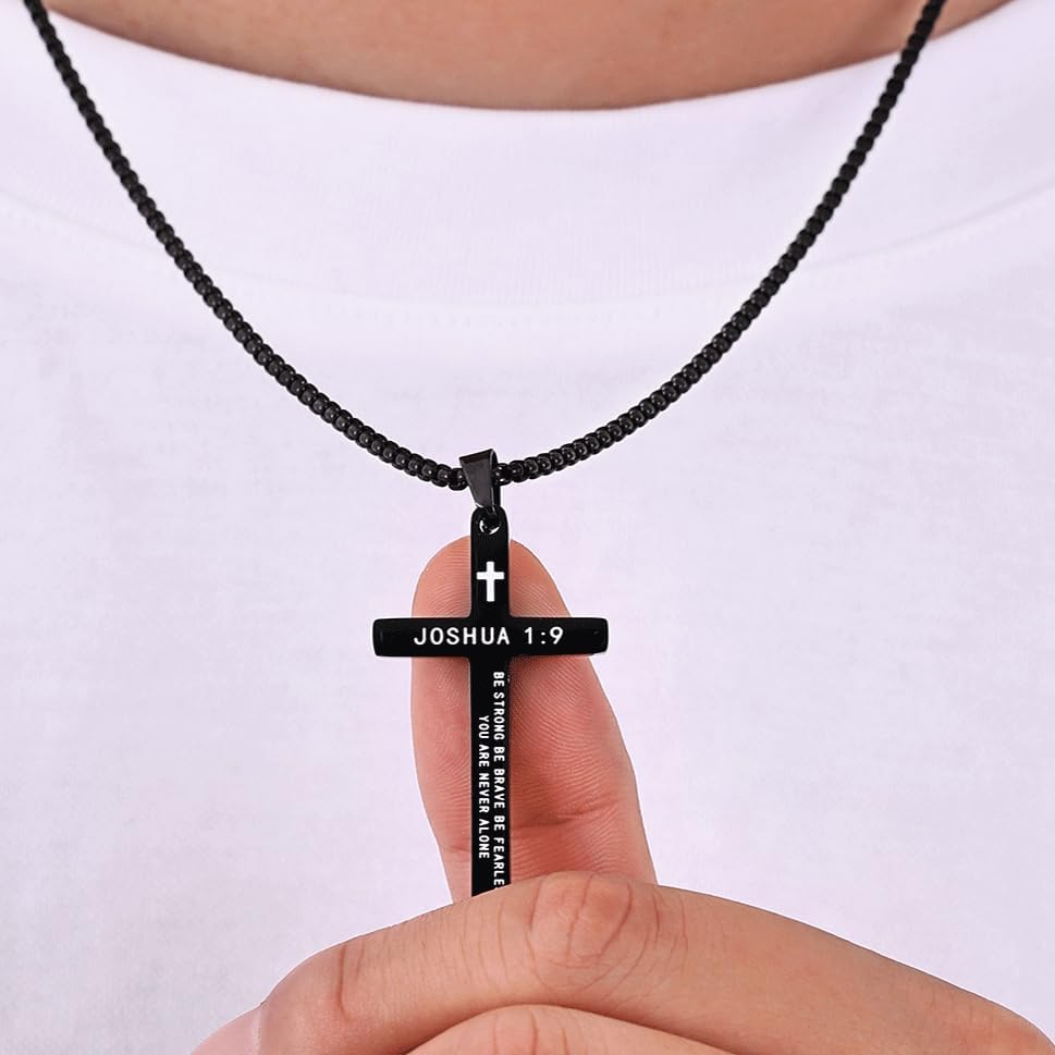 Fiusem Bible Verse Cross Necklace for Men, Stainless Steel Mens Necklace, Black/Gold/Silver Tone Cross Pendant for Men - Image 3