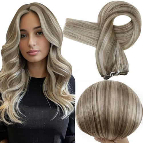 Image of Full Shine Sew In Weft Hair Extensions 14 Inch 100G Ash Brown Mix Blonde | Sew In Extensions, Ash Brown Highlight platinum Blonde, Remy Straight Real Hair, Add Volume, Everyday Wear For Women