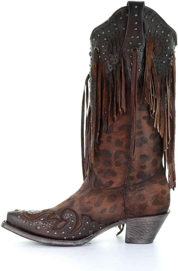 Corral Boots Womens Leopard Print Fringe Snip Toe Casual Boots Mid Calf Mid Heel 2-3" - Brown