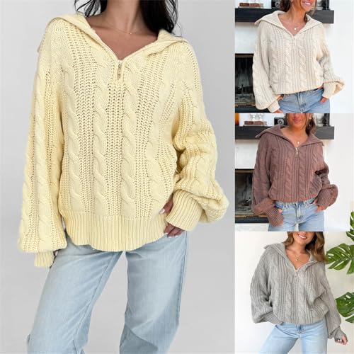 Women Cute Chunky Cable Knit Sweater Long Sleeve Quarter Zip Pullover Jumper Y2K Trendy Cozy Going Out Tops Knitwear 6