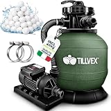 tillvex Pompa Filtro Piscina Portata 7.900L/h + 400g Filtro Balls | 7 funzioni | Adattatore 2in1 Ø32-38mm con indicatore di pressione | Filtro a sabbia per piscine (Verde con timer)